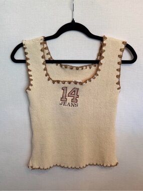 Cream Knit Tank with Brown Trim and '14 Jeans' Embroidery